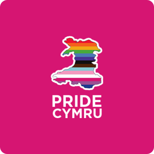 White 'Pride Cymru' logo with progress pride flag in the shape of Wales. The logo is on a bright pink background.