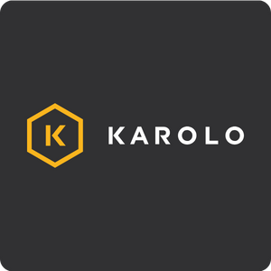 Orange and white 'Karolo' logo on a dark grey background