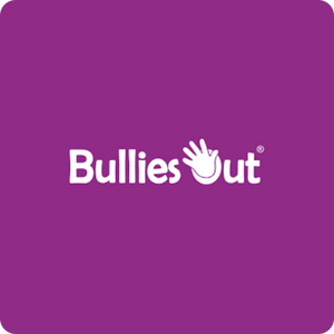 White 'BulliesOut' logo on a purple background