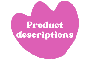 White text reading 'product descriptions' on a bright pink tulip shape