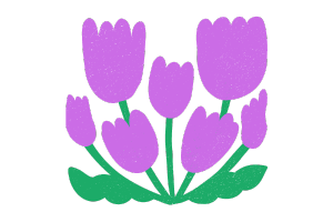 Illustration of seven purple flowers with green stems