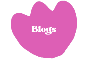 White text reading 'blogs' on a bright pink tulip shape