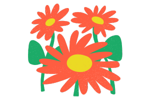 Illustration of three red/orange flowers with green stems and yellow centres