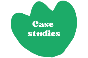 White text reading 'case studies' on a bright green tulip shape
