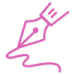 Bright pink illustrated icon showing a fountain pen drawing a curved line.