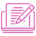 Bright pink illustrated icon showing a pen or pencil writing on a piece of paper. The writing is shown as straight lines.